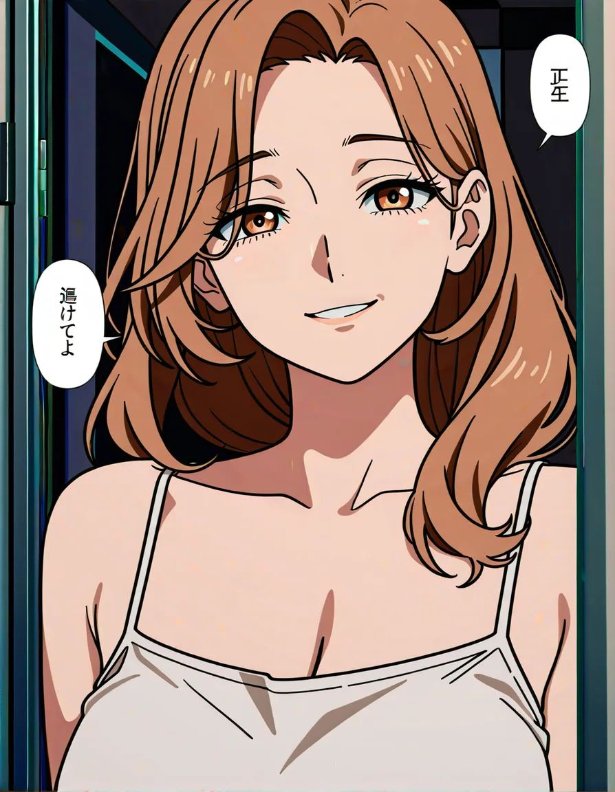 close-up, 1woman, mature woman age 30, adult face, chestnut brown shoulder-length hair, soft smile inviting, white camisole, doorway night, colorful manga, single panel, no speech bubble, no dialogue, no text, normal anatomy, (anime style:1.3), 2d, anime screencap, cel shading, flat color, @00osamio00