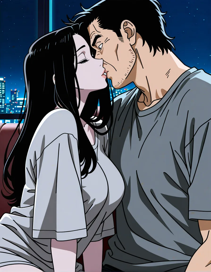 1boy, 1girl, first kiss, lips meeting, mature man age 33, short black hair, grey shirt, mature woman age 30, chestnut shoulder-length hair, adult faces, ages 30-33, oversized soft t-shirt, sofa, night, colorful erotic manga, normal anatomy, (anime style:1.3), 2d, anime screencap, cel shading, flat color, @00osamio00