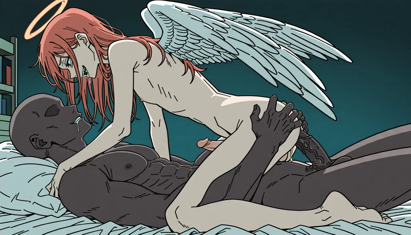 ( Chainsaw_Man_style
Tatsuki_Fujimoto_style
Chainsaw_Man_anime_style
in_the_style_of_Chainsaw_Man
Chainsaw_Man_anime_screencap
MAPPA_Chainsaw_Man_style
Angel_Devil_(Chainsaw_Man) )
otoko_no_ko, gay, yaoi, femboy, male, red_hair, long_hair, angel_wings, halo, on_bed, (bald_black_male:1.3)
(gay_anal_sex_with_faceless_black_male_with_big_black_penis:1.4)
cowgirl_position, from_side, drooling, naughty_face, anal_insertion