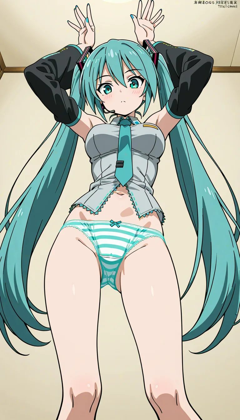 isobe, miku, bad id, bad pixiv id, 1woman, standing, aqua eyes, aqua hair, blue nails, breasts, arms up, arms behind her head, detached sleeves, female focus, from below, large breasts, long hair, looking down, nail polish, navel, gray sleeveless top, necktie, bare thighs, thigh, panties, solo, striped clothes, striped panties, twintails, underwear, showing her panty crotch on you,

she showing you only her panties, showing her panty crotch on you, she move he body upwards to shake while dancing, she began dancing her panties but only dancing her panty crotch, her panty crotch of her panties will shake when it dance faster, then she stop moving to showing her panty crotch of her panties on you while she still don't move