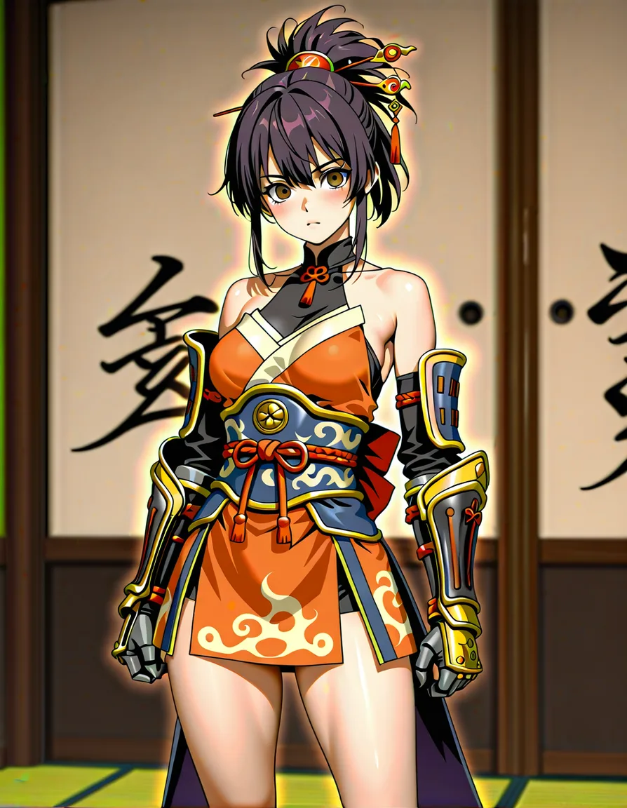 kaede_(onimusha_warloads) female orange_clothes japanese_clothes orange_mini_skirt black_hair short_hair low_ponytail ponytail_is_very_short, bare_shoulders bare_thigh, brown_eyes,gauntlet, red_hairpin, hentai_studio_quality, hentai_studio_quality, hentai_studio_quality