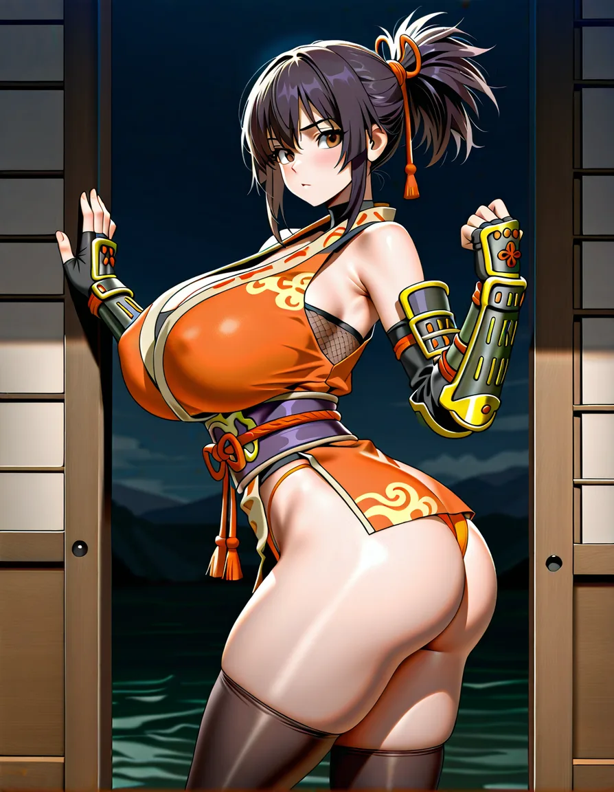kaede_(onimusha_warloads) female ninja orange_clothes japanese_clothes orange_mini_skirt black_hair short_hair low_ponytail short_ponytail, bare_shoulders bare_thigh, brown_eyes,gauntlet, thighhighs,, huge_breasts, hentai_studio_quality,  orange_panties highleg_panties, huge_ass, upper_clothes_orange, hentai_studio_quality