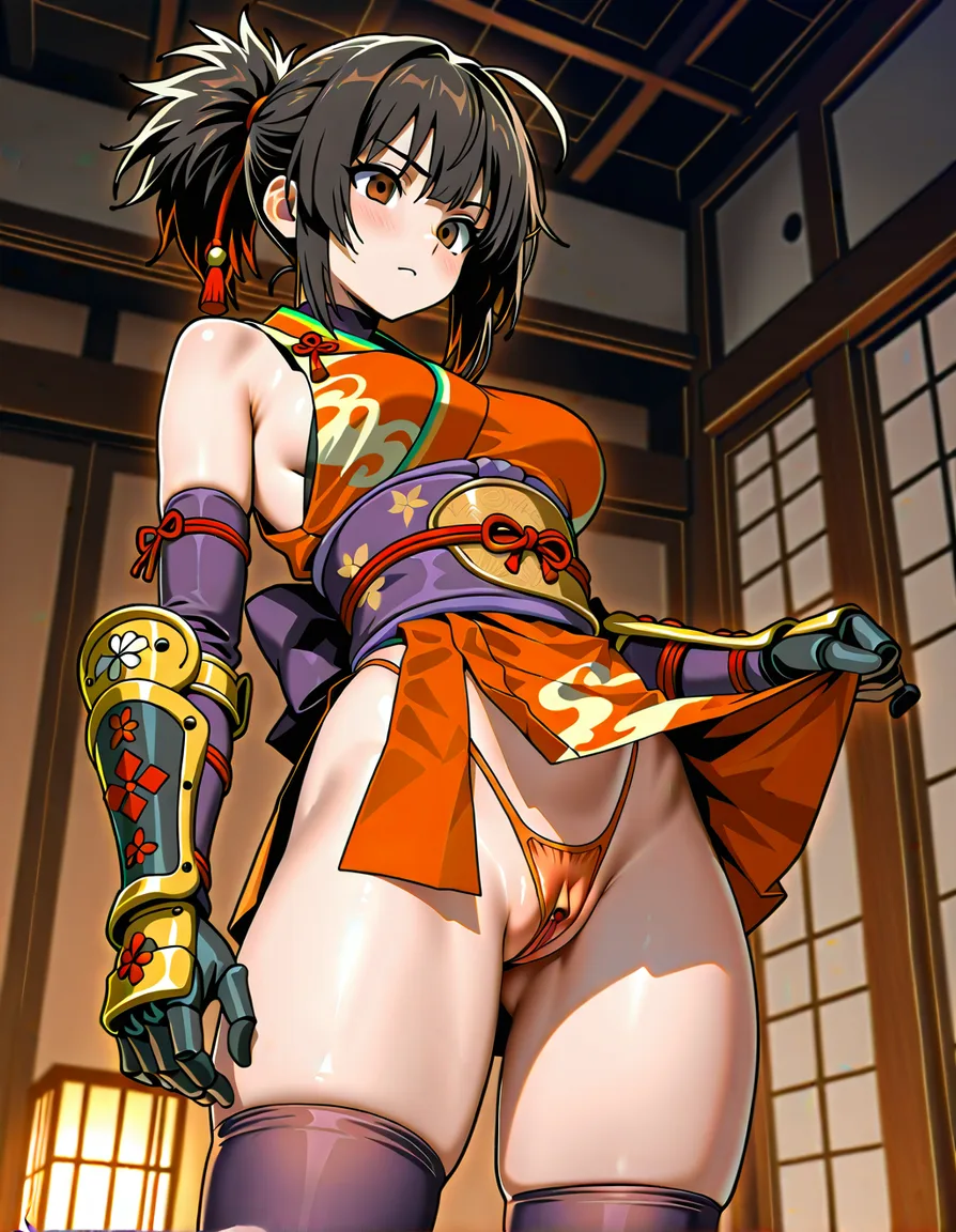 {kaede_(onimusha)} female ninja orange_clothes japanese_clothes orange_mini_skirt black_hair short_hair low_ponytail short_ponytail, bare_shoulders bare_thigh, brown_eyes,gauntlet, thighhighs,, orange_panties highleg_panties, upper_clothes_color_orange,  (((erection_clitoris))), hentai_studio_quality