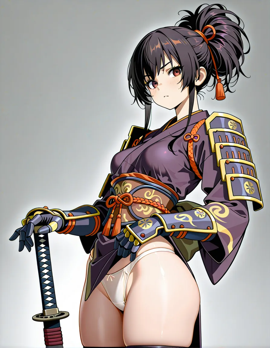 {yagyu_jubei_akane_(onimusha_dawn_of_dreams)} female pink_clothes japanese_clothes black_hair ((hairstyle:verylong_sideponytail))bare_thigh,right_red_eye left_brown_eye,gauntlet, thighhighs,, small_breasts upper_body_blue_inner, white_panties thick_thighs, (height:150cm),, hentai_studio_quality