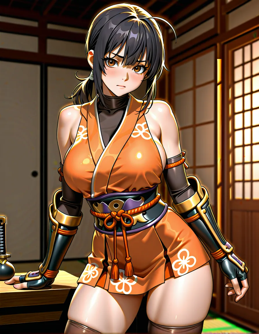 kaede_onimusha  female ninja orange_clothes japanese_clothes orange_mini_skirt {black_hair low_ponytail short_hair }, bare_shoulders bare_thigh, brown_eyes,gauntlet, thighhighs, short_sideburns,, hentai_studio_quality, hentai_studio_quality, hentai_studio_quality, hentai_studio_quality
