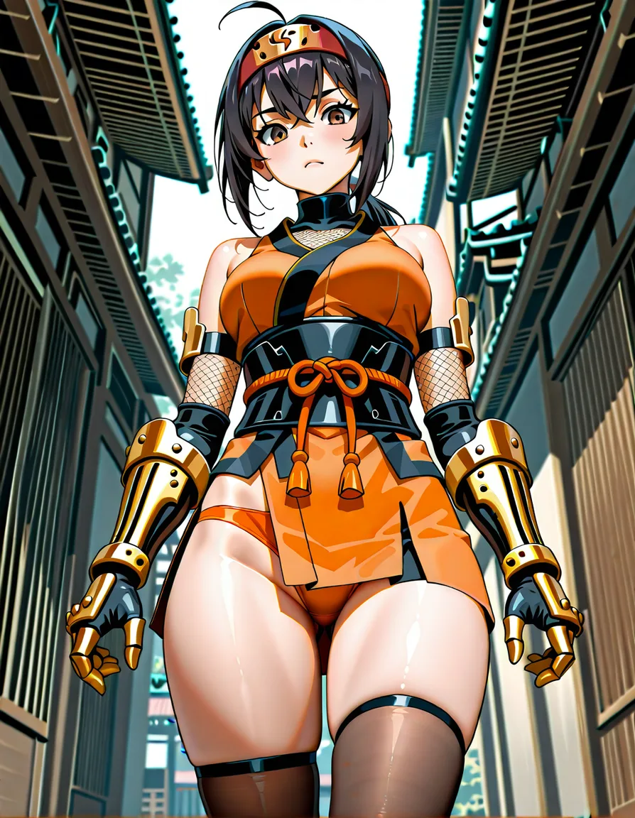 kaede musha female ninja orange_clothes japanese_clothes orange_mini_skirt {black_hair low_ponytail short_hair }, bare_shoulders bare_thigh, brown_eyes,gauntlet, thighhighs, short_sideburns,, orange_panties, hentai_studio_quality, hentai_studio_quality, hentai_studio_quality, hentai_studio_quality, hentai_studio_quality