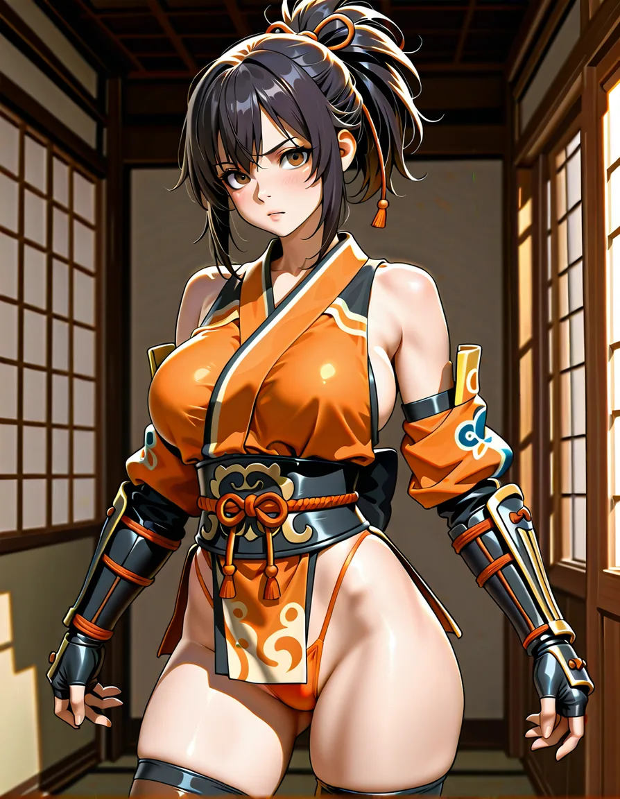 kaede_onimusha  female ninja orange_clothes japanese_clothes upper_body_orange_clothes orange_mini_skirt {black_hair low_ponytail short_hair }, bare_shoulders bare_thigh, brown_eyes,gauntlet, thighhighs, short_sideburns,, highleg_panties  orange_panties, hentai_studio_quality, hentai_studio_quality, hentai_studio_quality, hentai_studio_quality, hentai_studio_quality