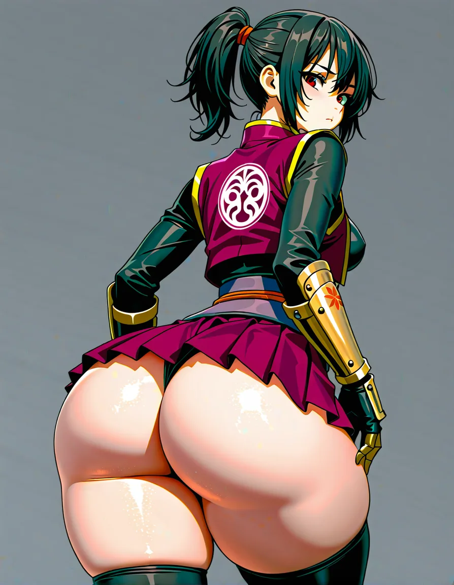 akane_onimusha_dawn_of_dreams female cherry_pink_vest japanese_clothes (mini_skirt) black_hair short_hair (((side_ponytail)))bare_thigh, red_eye,gauntlet, thighhighs,, small_breasts upper_body_black_inner, thick_thighs, huge_ass, (height_150cm),, hentai_studio_quality, hentai_studio_quality