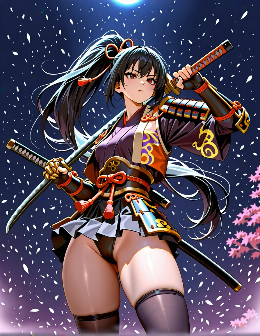 yagyu_jubei_akane_onimusha_dawn_of_dreams female samurai cherry_pink_vest japanese_clothes (mini_skirt) black_hair long_hair (((left_side_ponytail)))bare_thigh, ,gauntlet, thighhighs,, small_breasts upper_body_black_inner, thick_thighs, (height_150cm),, left_red_eye,, pantyshot jumping katana, hentai_studio_quality, hentai_studio_quality