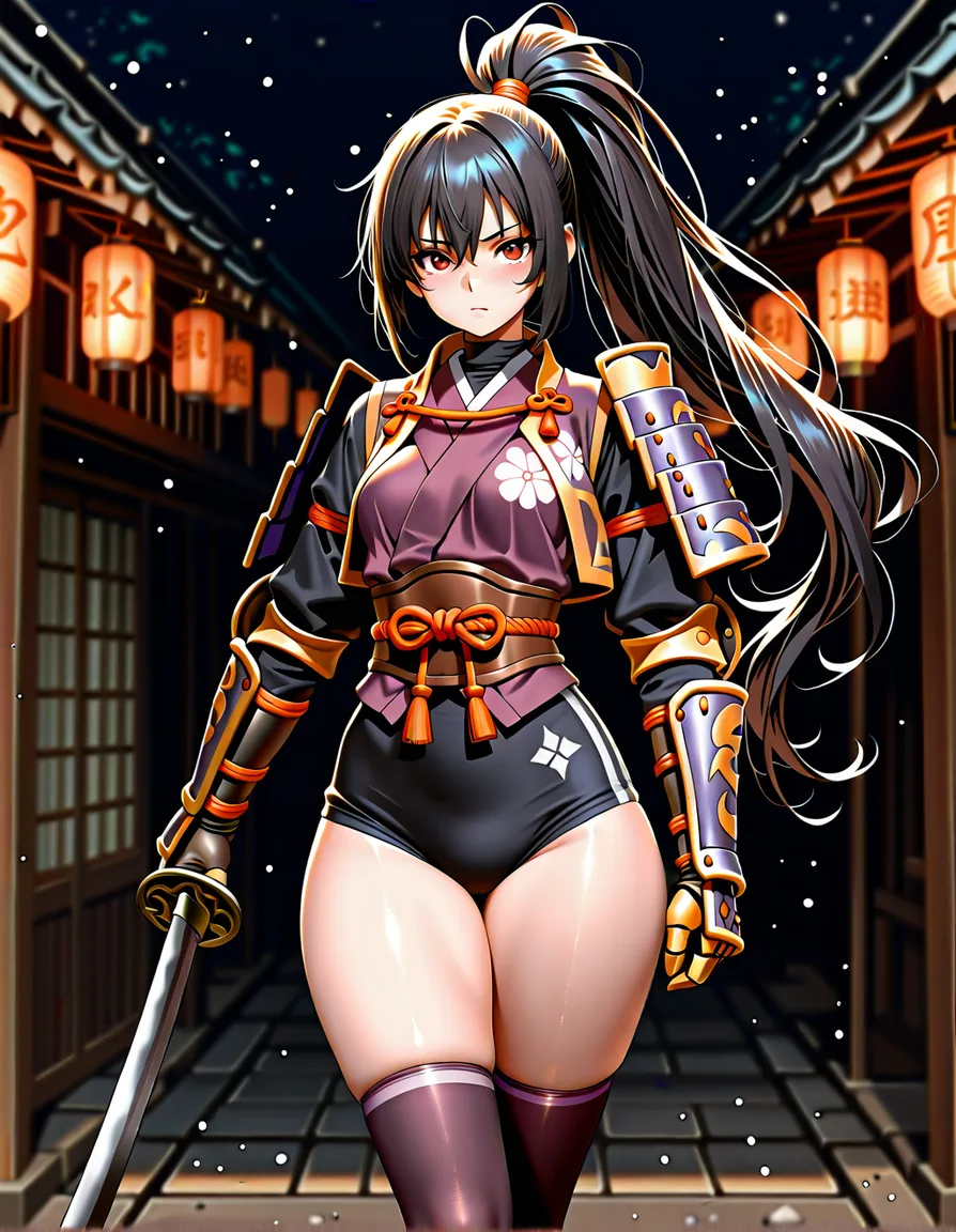 yagyu_jubei_akane_onimusha_dawn_of_dreams 1girl cherry_pink_vest japanese_clothes  black_hair long_hair (((left_side_ponytail)))bare_thigh, ,gauntlet, thighhighs,, small_breasts upper_body_black_inner, thick_thighs, (height_150cm),,  red_eye,, buruma, hentai_studio_quality, hentai_studio_quality