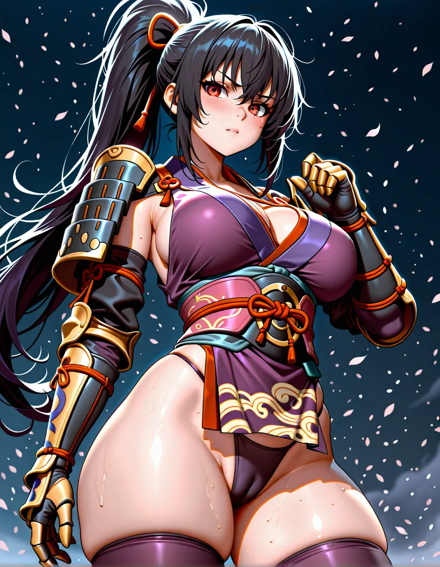female_yagyu_onimusha 1girl cherry_pink_vest japanese_clothes black_hair  (((ponytail))) bare_thigh,  ,gauntlet, thighhighs,,  upper_body_dark_purple_inner, thick_thighs, red_eyes , panties cameltoe purple, hentai_studio_quality, hentai_studio_quality