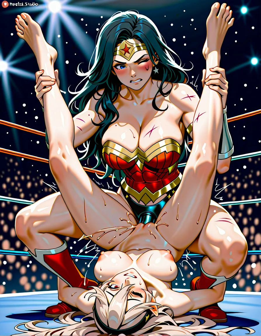 2girls , Best_quality, ultra_detailed, wonder_woman , @corrin_(fire_emblem) , yuri sex ,wrestling_ring wrestling defeated, pussy_juice squirting orgasm , strap-on vaginal,, bruised wince, torn_clothes,, torn_shirt, nude ,, amazon_position,, hentai_studio_quality, hentai_studio_quality