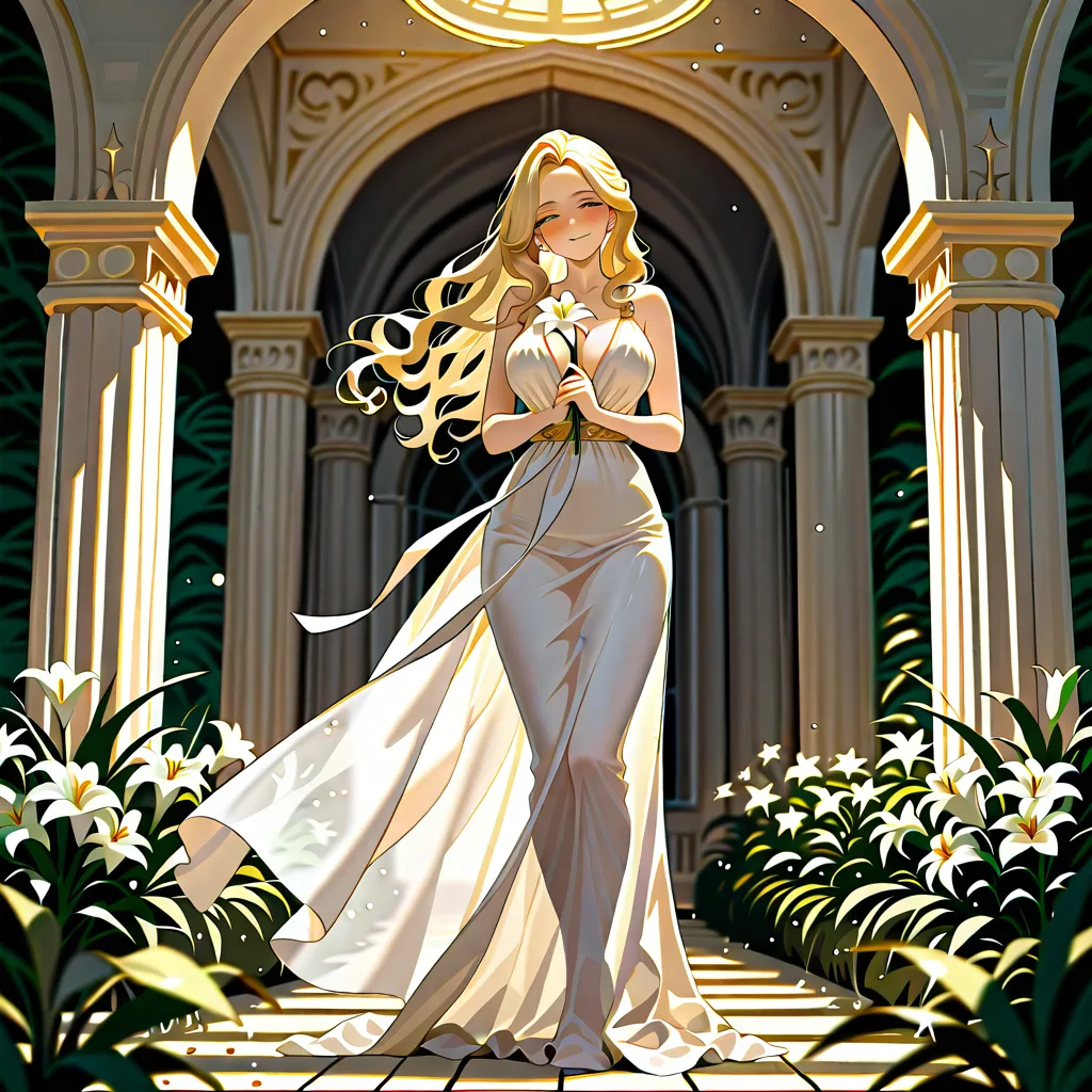 masterpiece, best quality, ultra-detailed, 8k uhd, anime style, 1girl, mature female, milf, beautiful detailed face, seductive smile, half-closed eyes, long blonde hair, wavy hair, hair flowing in wind, standing, full body, white dress, greek goddess dress, flowing white gown, toga, see-through silhouette, holding flower, white lily, lily stems in both hands, elegant pose, marble pergola, ancient greek architecture, white columns, winding branches, lily leaves, garden background, soft lighting, cinematic composition, depth of field, detailed background, ethereal atmosphere OEFARDERSHNESTRIARRAFFINERKAPPIRAWASEEDNOWSITTERVERESSESIZATINAL, hentai_studio_quality