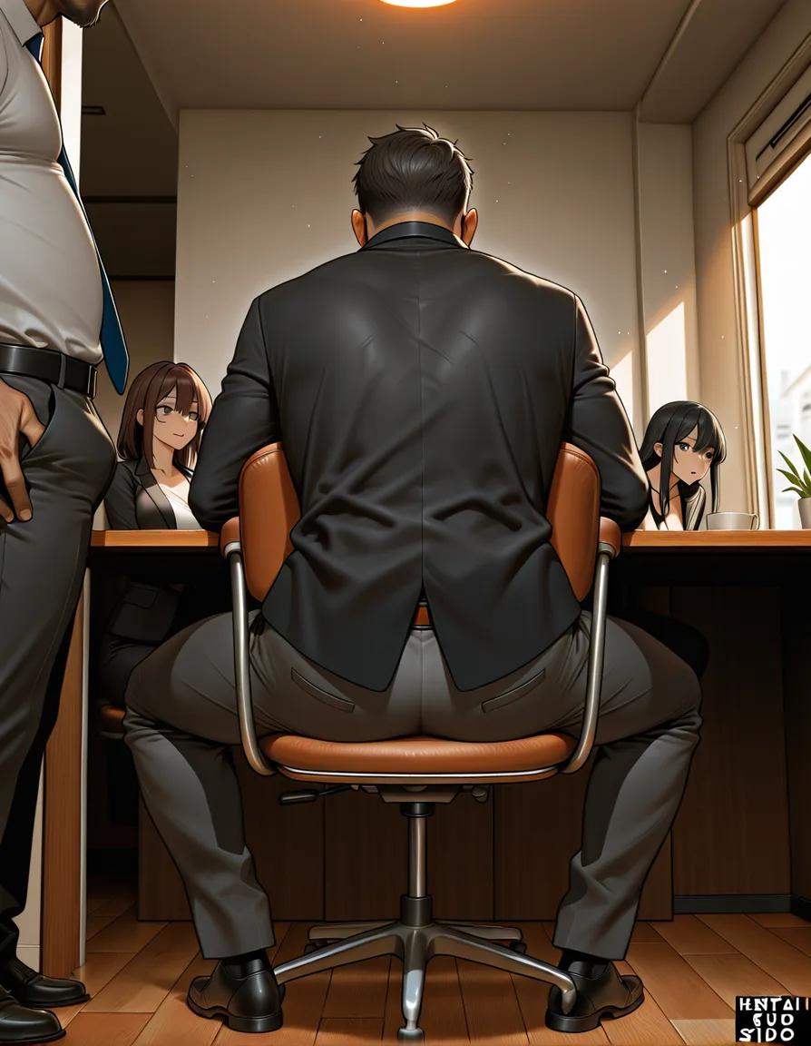 In the image you can see a cuckold male is sitting in a chair in a corner while his wife is getting fucked by somebody else. The scene should have 3 people in it, hentai_studio_quality