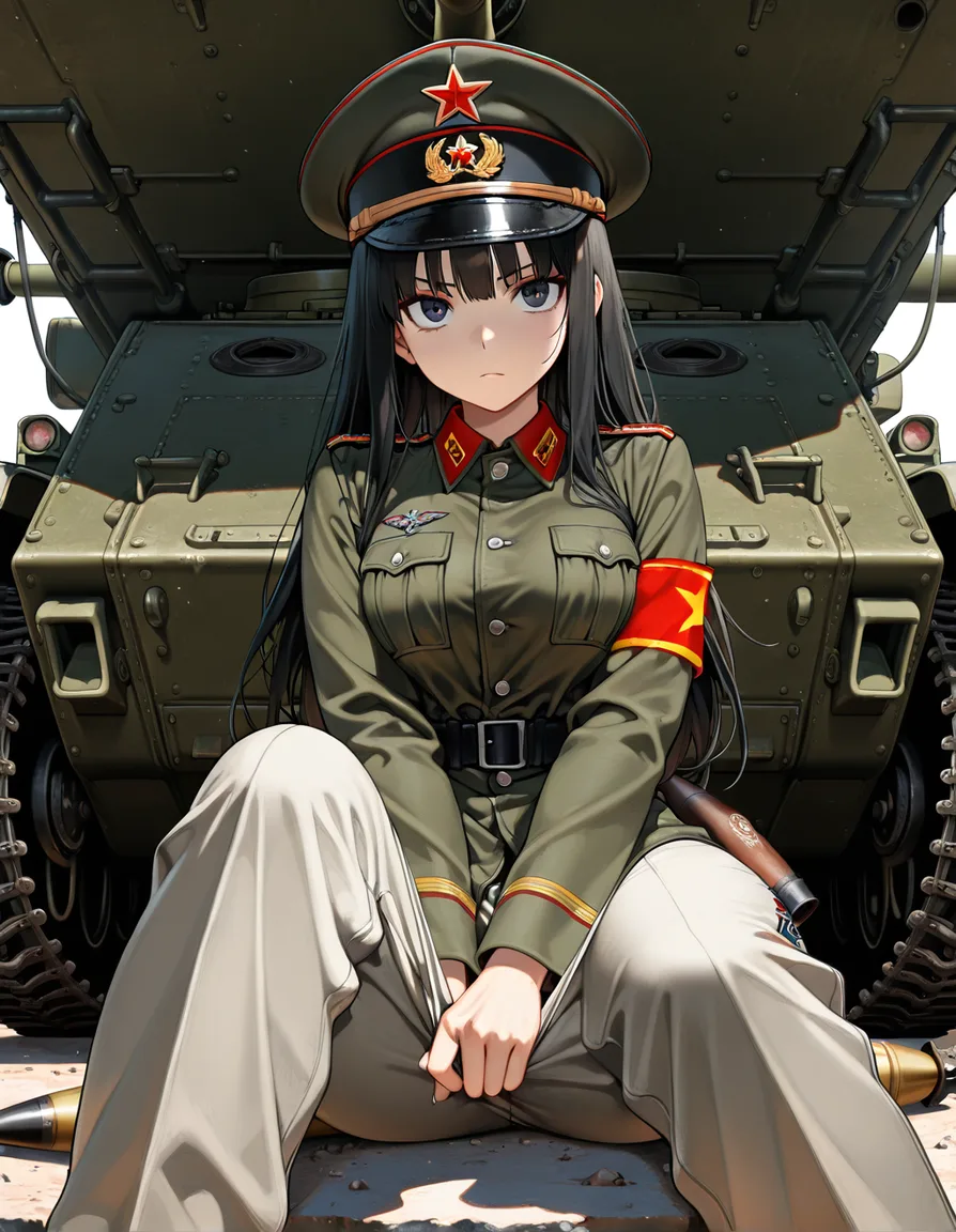 Slavic, white, peaked_cap with a red star symbol, soviet officer clothes, her pants is pulled, she's sitting in a tank shell ., hentai_studio_quality