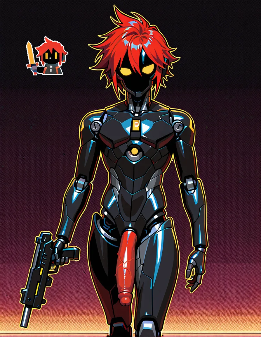 robot boy, screen face, black body, holding_gun, square face, yellow_eyes, red_hair, large_penis, holding_sword, pixel_art, hentai_studio_quality