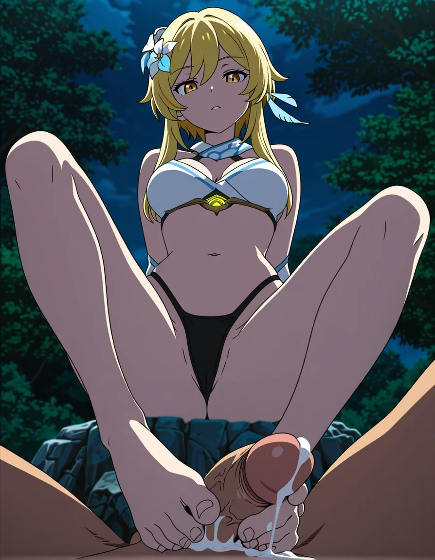 lumine, footjob, outdoor, seductive gaze, looking down, cum, thong, (anime style:1.3), 2d, anime screencap, cel shading, flat color, @00osamio00