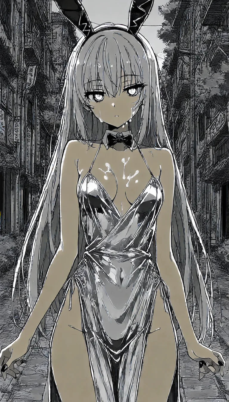masterpiece, best quality, bunny girl, cum on face, nail polish, evening gown, outdoors, manga aesthetic