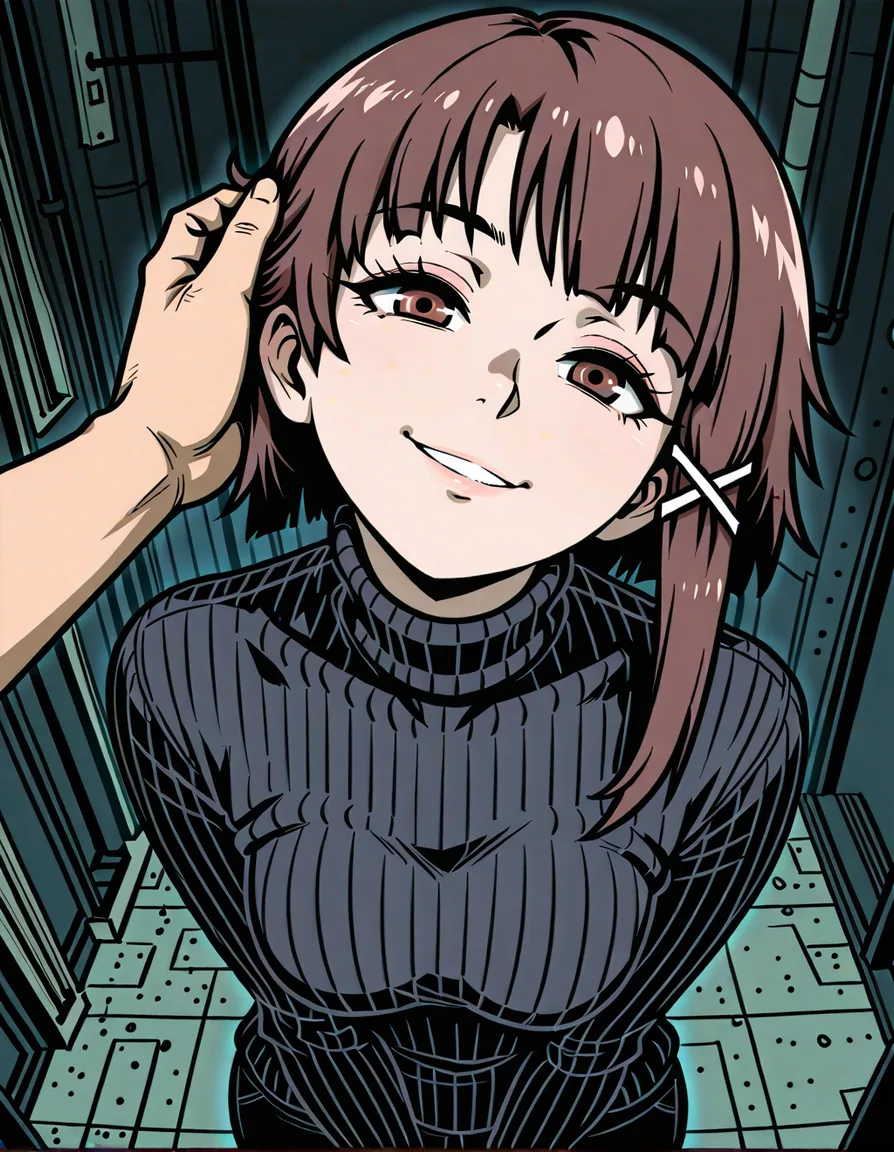 akairiot_artstyle, @iwakura_lain, serial_experiments_lain, 1girl, brown_hair, short_hair, single_sidelock, x_hair_ornament, aged_up, medium_breasts, smile, turtleneck_sweater, black_sweater, hand_on_another's_face, looking_at_viewer, eye_contact, facing_viewer, pov_hands, hentai_studio_quality