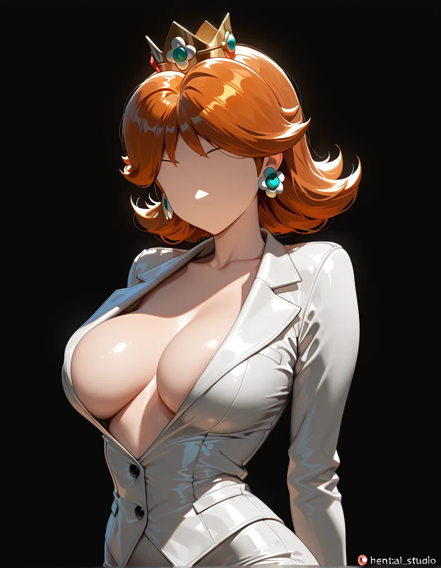 @princess_daisy, f-cup breasts, wearing a sexy scientist outfit, facing the viewer, no eyes, no noses, no mouths, black background, hentai_studio_quality