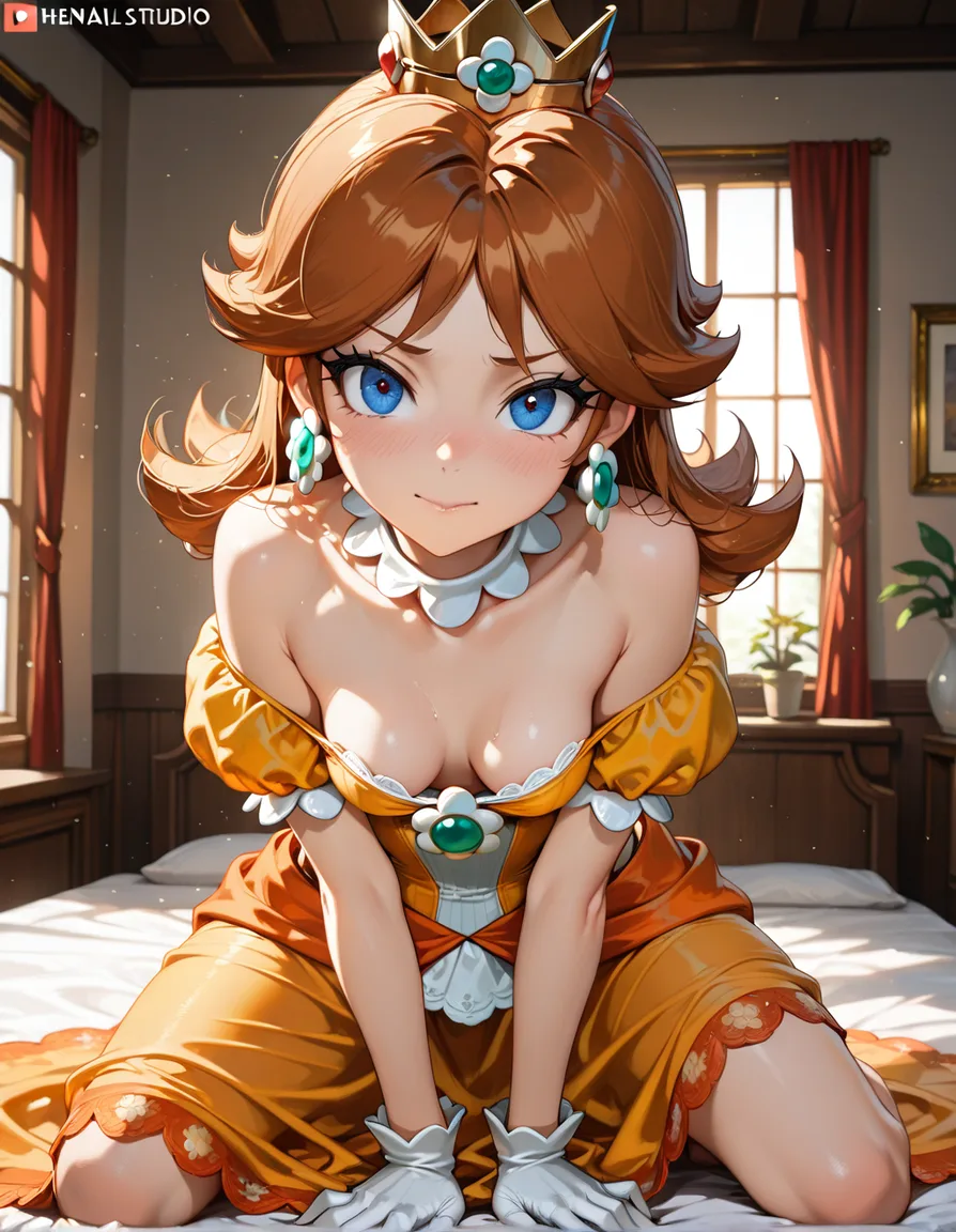 princess daisy, age 18. The entire upper part of her clothing has slipped down very low and full exposing her very small breasts, 4K resolution., hentai_studio_quality