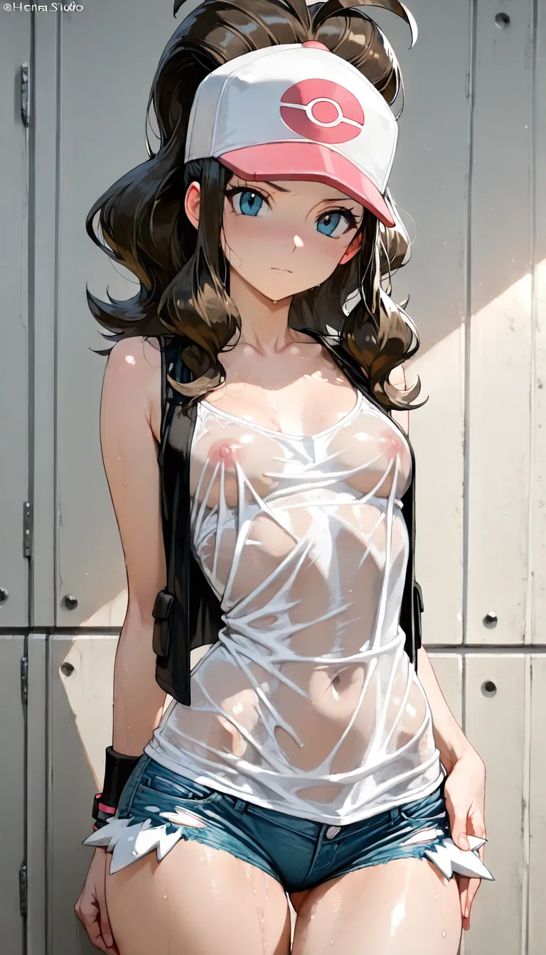 hilda ( from pokemon), age 18, small_breasts, Her outfit is see-through. 4k resolution., hentai_studio_quality