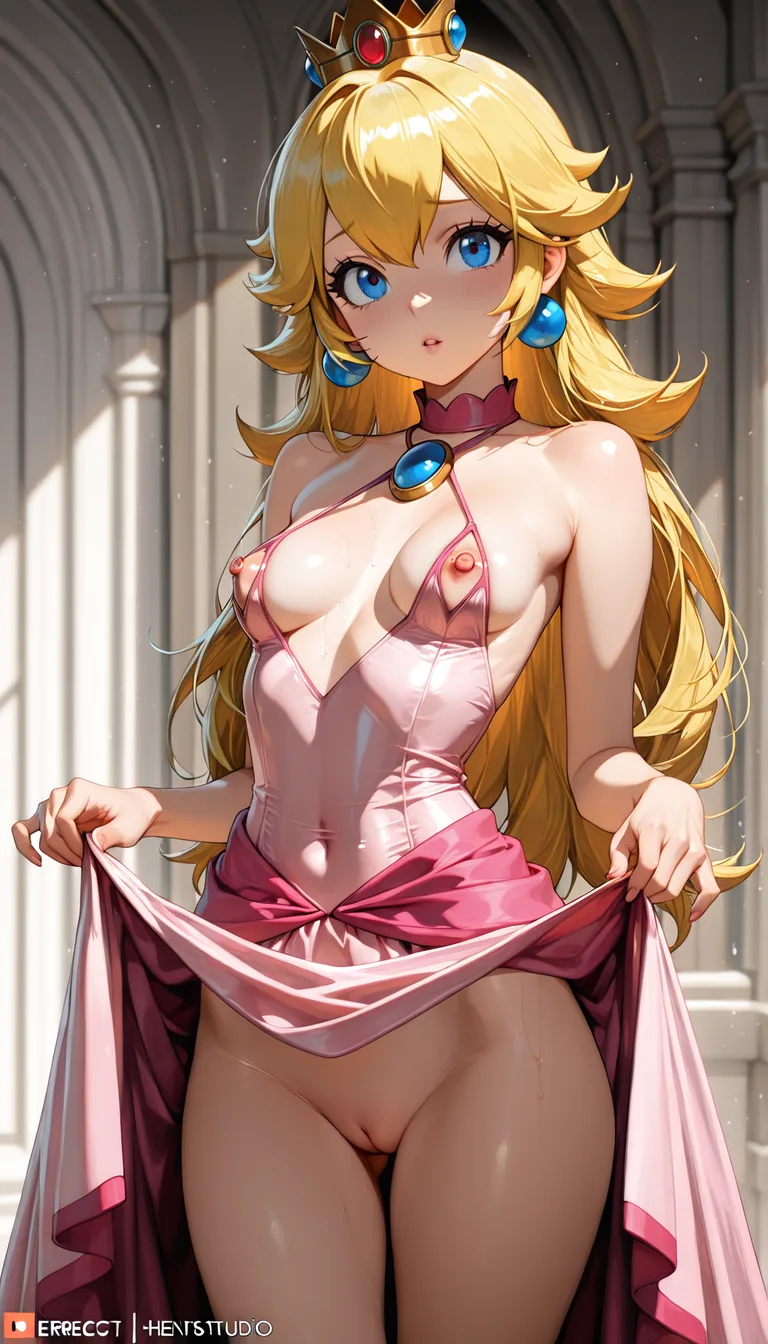 princess peach ( age 18), small_breasts, lift her dress to show her naked body ( nippels, errect vagina). 4K resolution., hentai_studio_quality