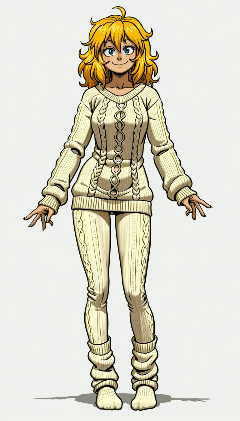 Art by Spidu, Spidu style, wearing knit bodystockings with knit leggings and knit socks, front view, from front view, standing, smile, messy blonde hair, freckles, Full body, Symmetric, V-tuber ready, 1girl, solo, bold linework, white_background, solid color background, #Spidu,, hentai_studio_quality