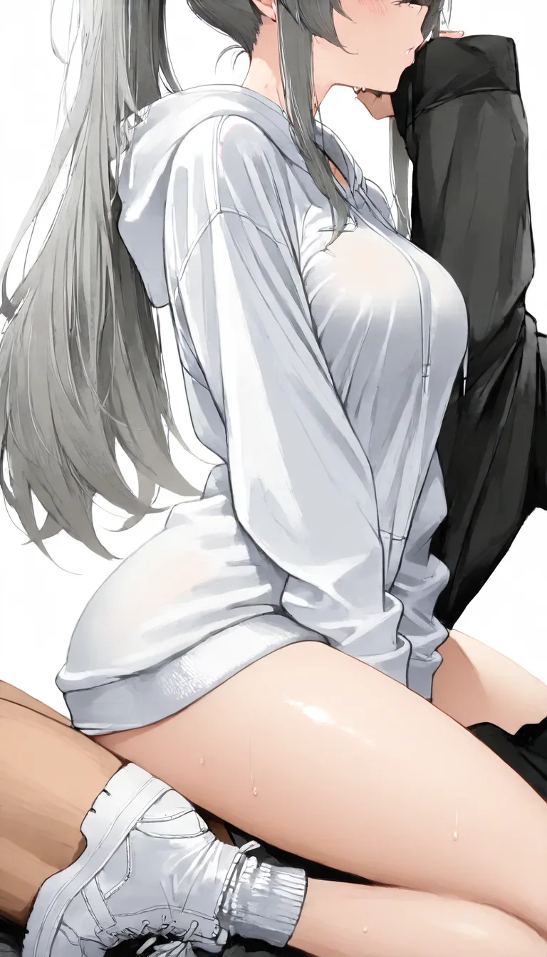 masterpiece, best quality, 3girls, straddling, white footwear, white background, detailed shading
