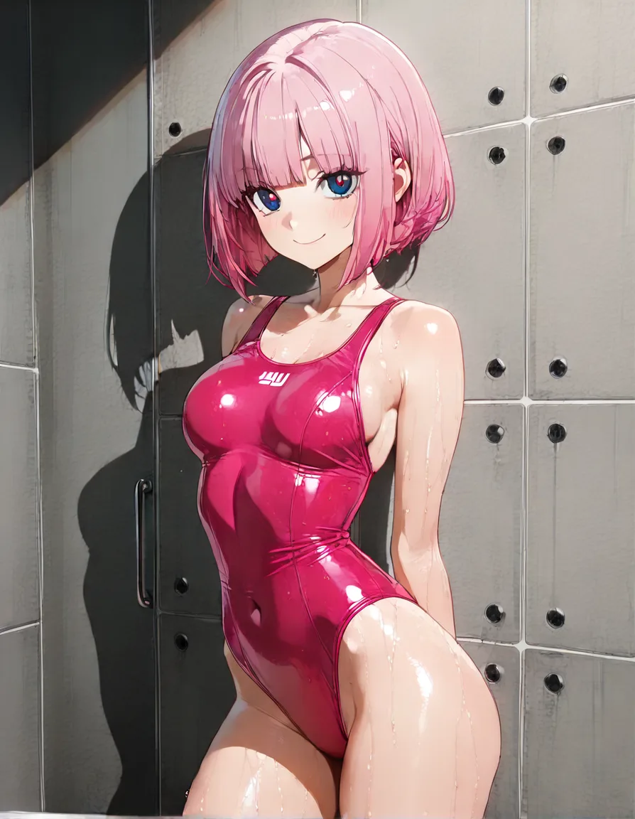 sexy, pink hair, bob cut, shiny pink one piece swimsuit, smile,, hentai_studio_quality