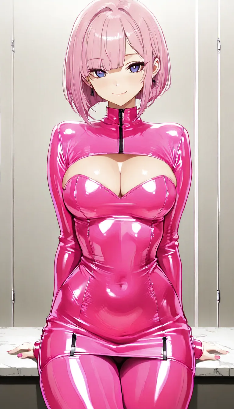 sexy, pink hair, bob cut, medium breast, smile, pink latex dress