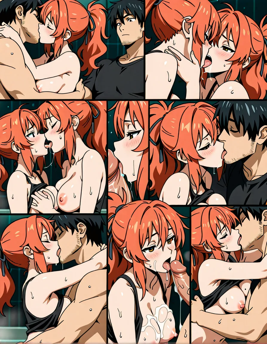 1girl with orange ponytail hair tied in red hair_ribbon, 1guy with brown wavy surfer hair with facial hair wearing black tank top and nude bottom, height_difference, lustful expressions 

Shower, wet, lots of making out 

sex, french_kiss, nipple_stimulation, breasts_out, cum_on_breasts, breast_sucking, groping, licking_penis , pussy_juice, saliva_trail, open mouth kissing, 

Masterpiece, multiple positions, (anime style:1.3), 2d, anime screencap, cel shading, flat color
