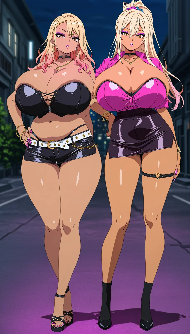 2girls. Gyaru. Gyaru tight-fitting clothes. gigantic breasts. chubby Sexy. Prostitution. Gyaru style makeup., (anime style:1.3), 2d, anime screencap, cel shading, flat color