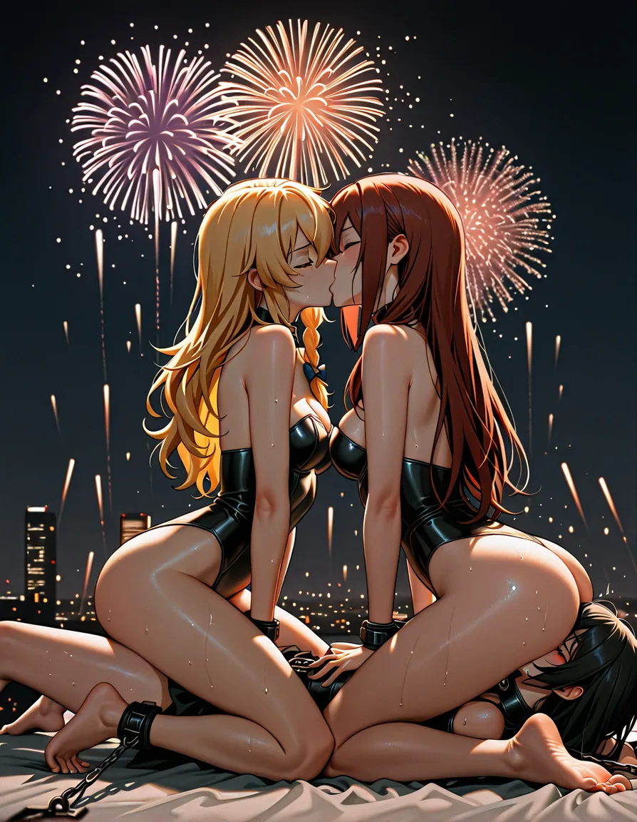 dslr, film grain, @makise_kurisu @kirisame_marisa #2girls #kiss #fireworks #bdsm #feet #femdom  #girl_on_top, hentai_studio_quality