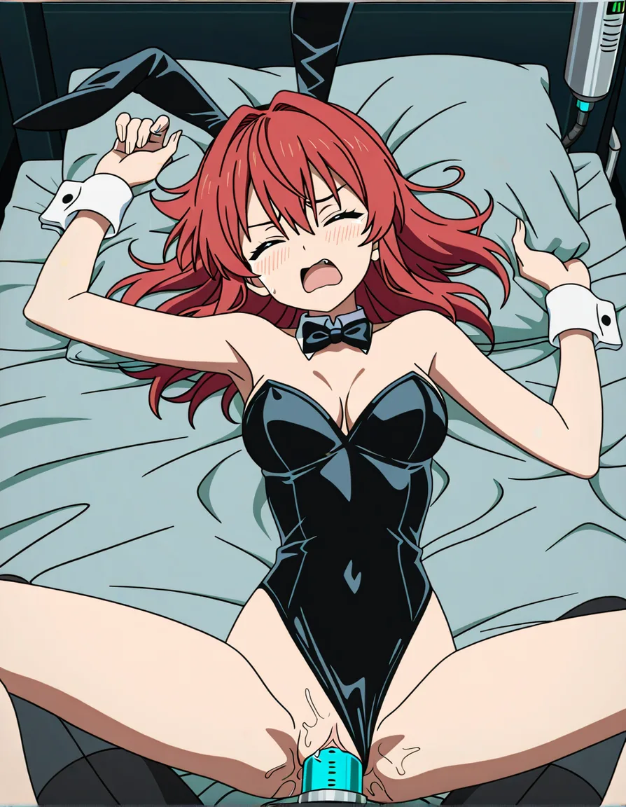 highly detailed, sharp, bunny girl, lying on bed, cuming, getting fucked by machine, in pain, red hair, (anime style:1.3), 2d, anime screencap, cel shading, flat color, @00osamio00, hentai_studio_quality