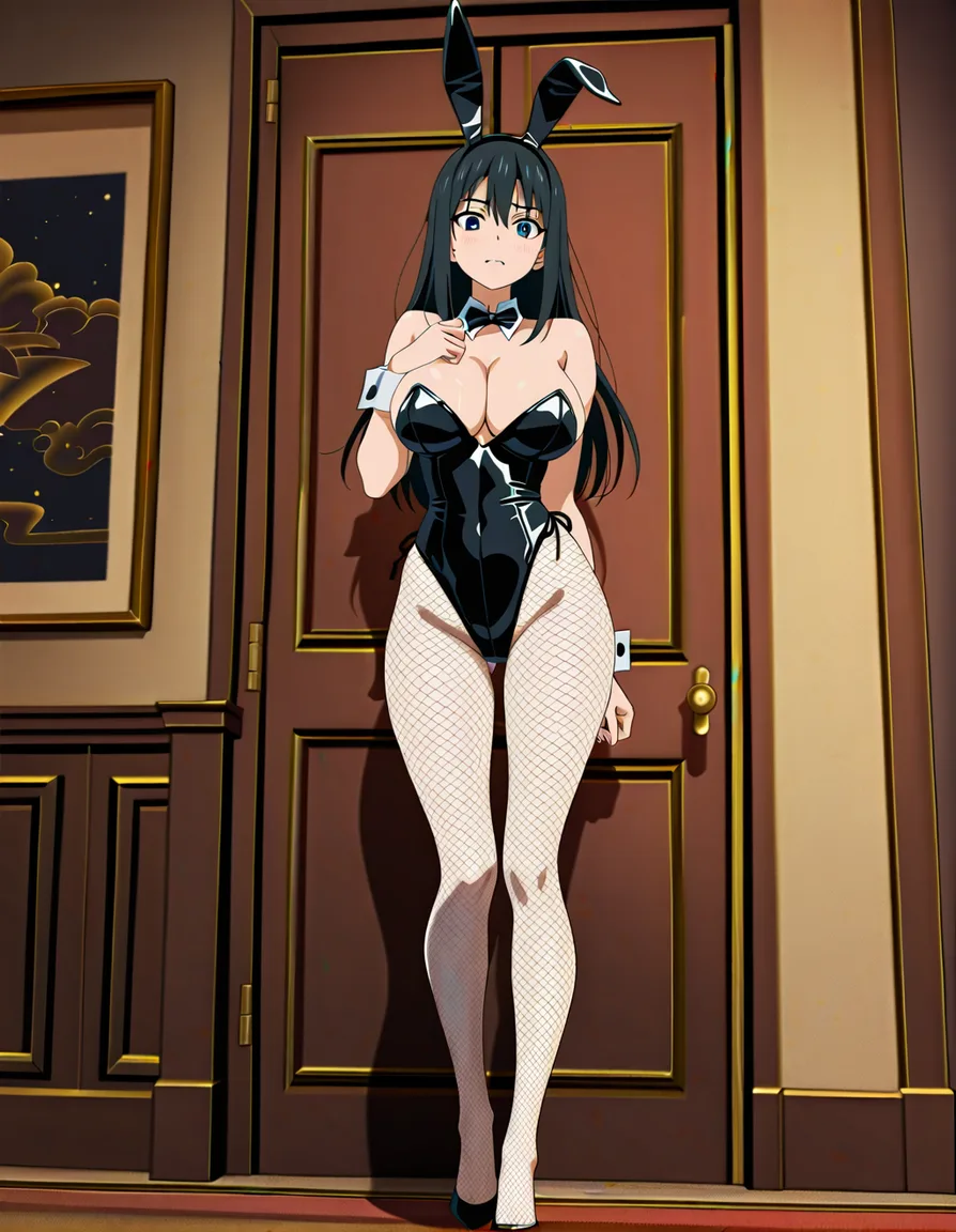 hot and sexy anime girl, cosplaying in an extremely revealing bunny girl outfit, with a bunny ears headband. Cute face with a horny expression, mouth slightly open. She has long black hair, massive H-cup breasts which strain against the latex top her outfit, and fishnet pantyhose, showing her legs and thighs under, only wearing panties underneath the pantyhose. She shows lots of skin in her outfit, but the most intimate areas are just barley kept covered, full body is visible in frame, (anime style:1.3), 2d, anime screencap, cel shading, flat color