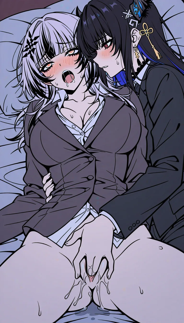 2girls yuri sex , dominant alpha @shiori_novella , blush , vaginal , pussy_juice , @nerissa_ravencroft , fingering , moaning , suit , unlit bedroom , hentai_studio_quality, hentai_studio_quality, hentai_studio_quality, hentai_studio_quality, hentai_studio_quality
