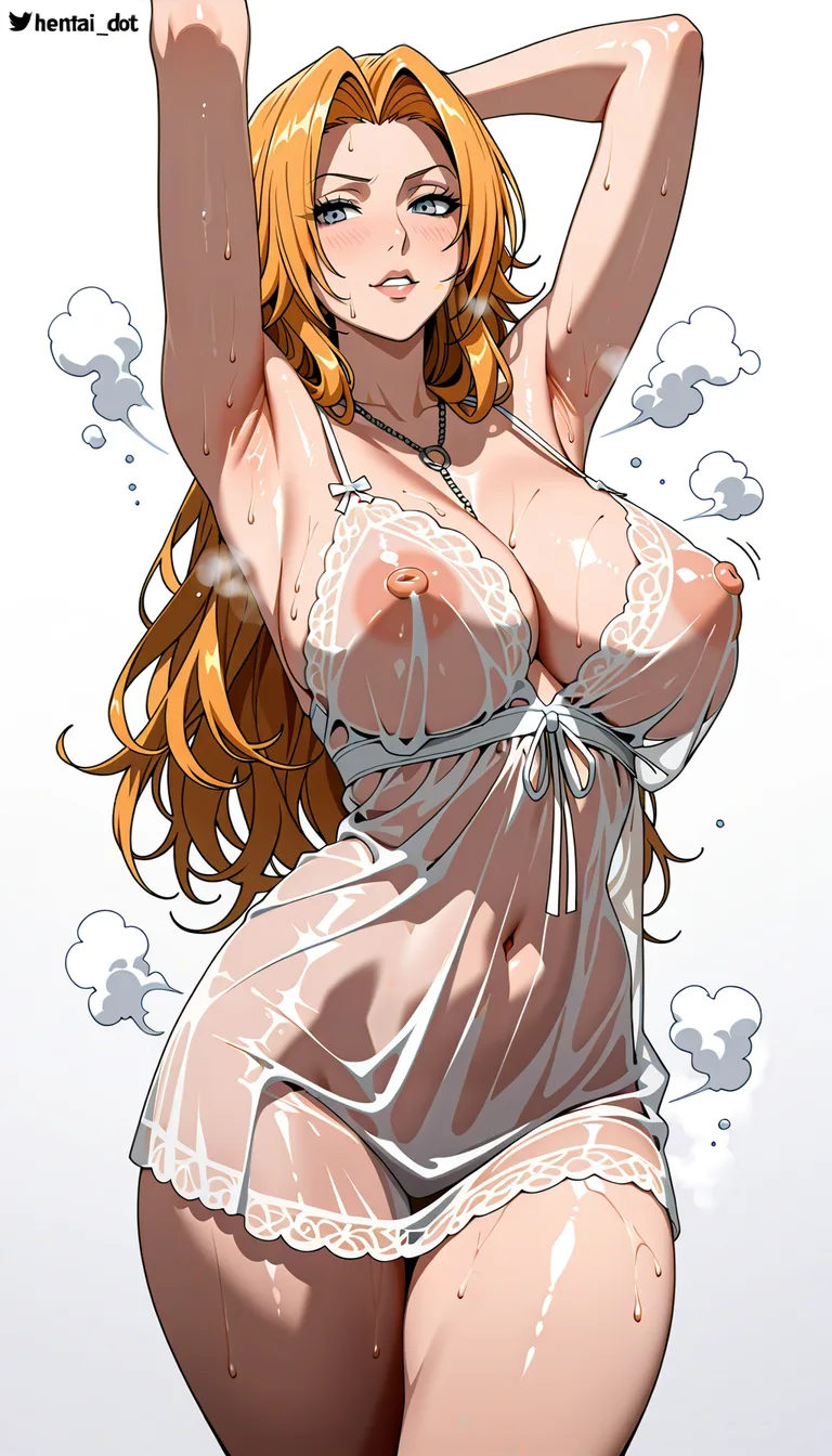 Mature female, MILF, @matsumoto_rangiku, black_hair large breasts, thick thighs, arms_up, armpits, lingerie, see-through_clothes, puffy_nipples, steaming_body, naked, white background. 

ultra-detailed, sharp focus, 8k, absurdres, very detailed, high resolution, illustration, anime-influenced., hentai_studio_quality, hentai_studio_quality, hentai_studio_quality, hentai_studio_quality, hentai_studio_quality, hentai_studio_quality, hentai_studio_quality, hentai_studio_quality