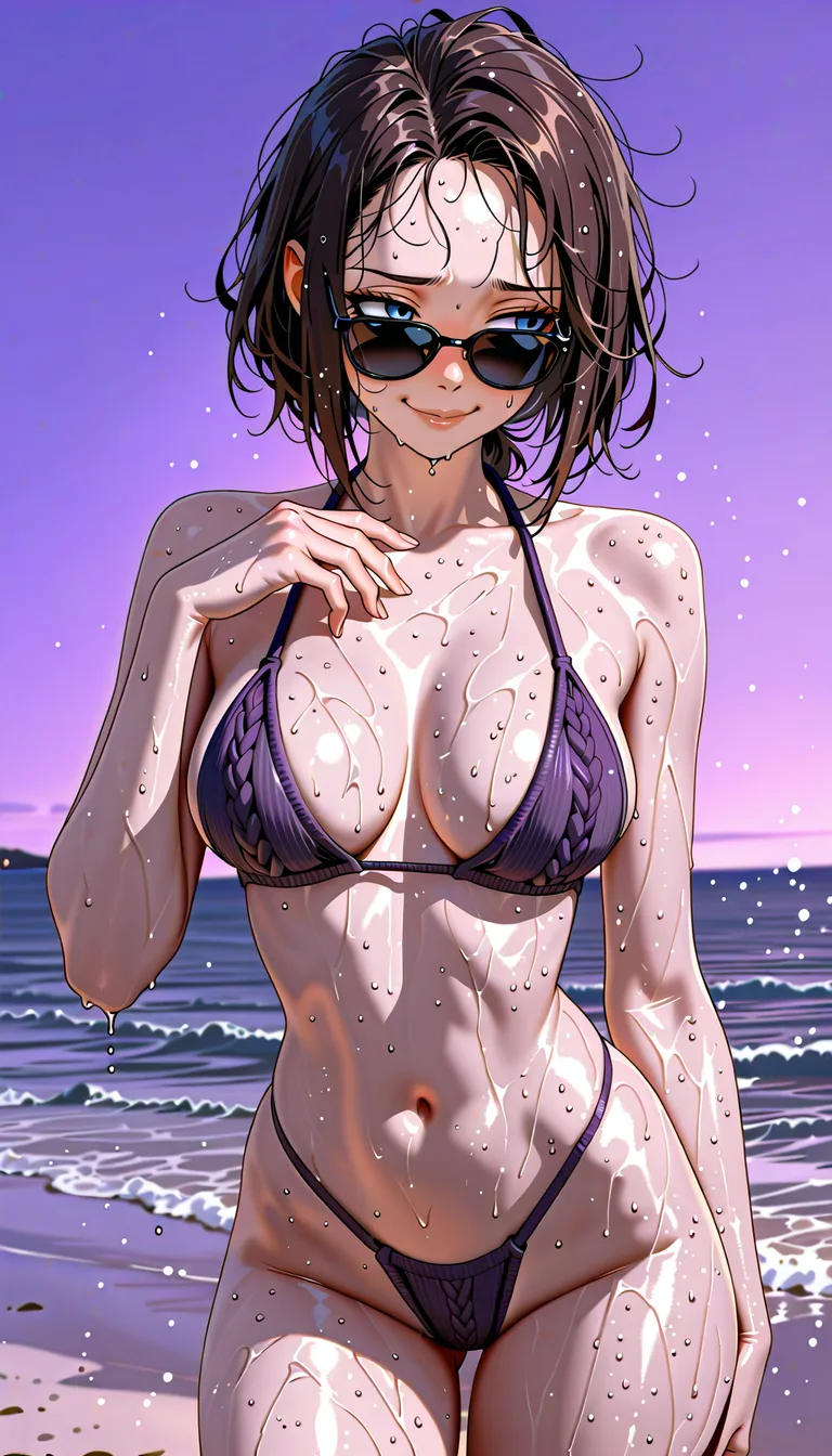 accurate anatomy, perfect anatomy, blue eyes, dark brown hair, wet messy hair, medium bob hair, open forehead, black sunglasses, puffy lips, shy, embarrassed smile, naked, dark violet colored knit bikini, dark violet colored knit side tied thong, standing, sexy pose, knee-length view, on the beach, sea on background, medium breasts, ultraskinny body, wet skin, looking away, hentai_studio_quality