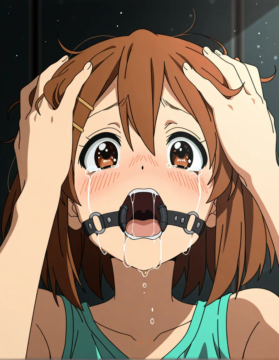 wearing a open mouth gag, deepthroat, oral, bondage, crying, petite, embarrassed, suffocating, hands on her head, @hirasawa_yui, drooling, saliva,, (anime style:1.3), 2d, anime screencap, cel shading, flat color