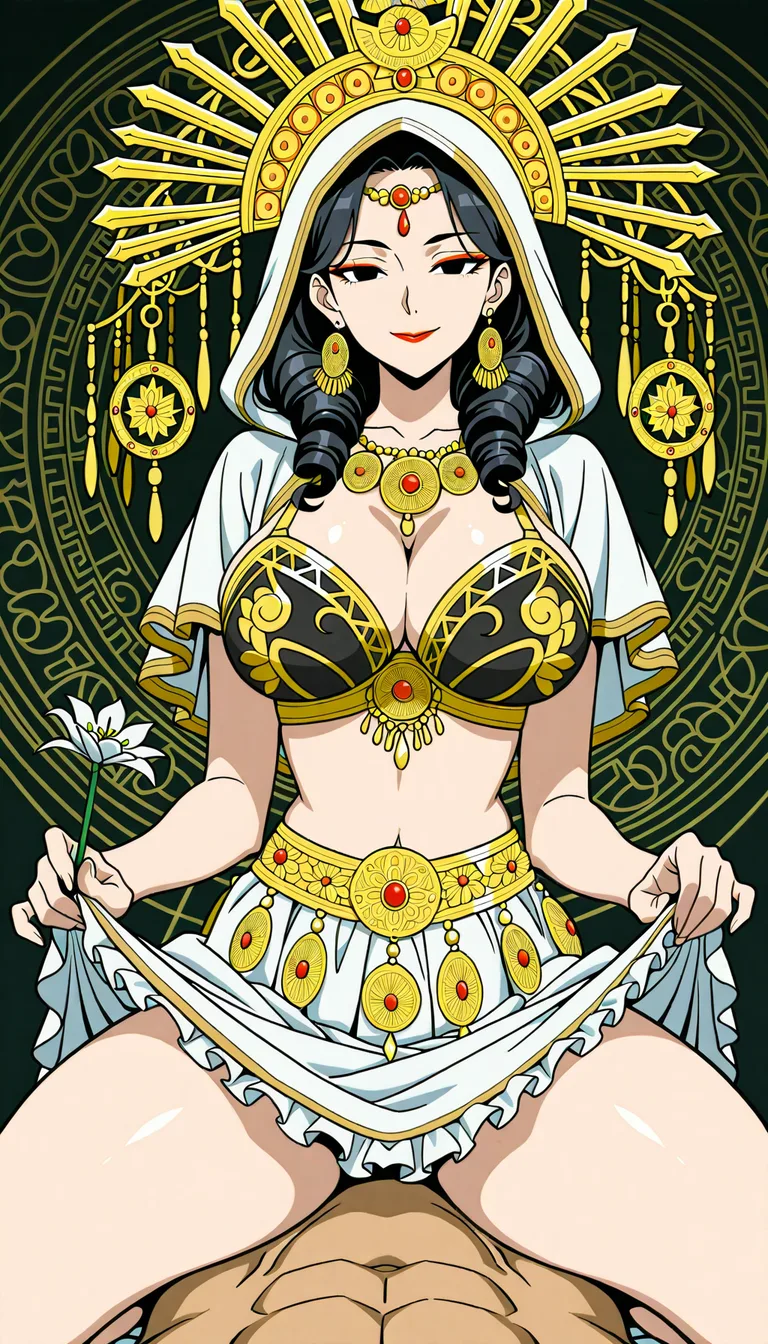 1 Adult Mother Goddess with multiple arms, Beautiful, ethnicity Hindu, Bengali, red lipstick, Accurate Anatomy, symmetrical body structure, Big chest, Thick thighs and arms, thick pelvis, tight fitting bra with intricate patterns and baggy mini skirt with curls and frills, skirt_lift , Adorned Heavily in Indian Ornaments, black eyes, POV Sex, Symmetrical Tight Straddling Position, Having sex with viewer, big all around Mukut Crown, devine radiance, Calm and Graceful Expression, confident smile with hooded eyes, flowers around in Symmetrical order, holding flowers, floral necklace, semi realistic,