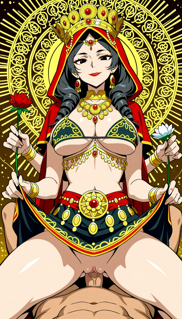 Maa Durga with multiple arms, Beautiful, ethnicity Hindu, Bengali, red lipstick, Accurate Anatomy, symmetrical body structure, Big chest, Thick thighs and arms, thick pelvis, tight fitting bra with intricate patterns and baggy mini skirt with curls and frills, skirt_lift , Adorned Heavily in Indian Ornaments, black eyes, POV Sex, Symmetrical Tight Straddling Position, Having sex with viewer, vaginal sex, big all around Mukut Crown, devine radiance, Calm and Graceful Expression, confident smile with hooded eyes, flowers around in Symmetrical order, holding flowers, floral necklace, semi realistic,