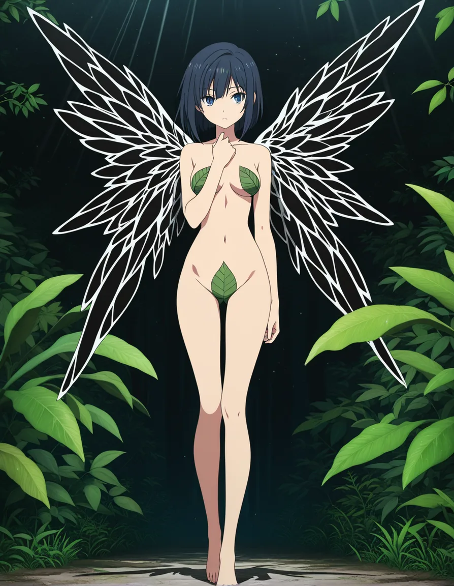 ultra detailed shading, 1girl, midriff, wings, fully nude, leaf, hentai style, (anime style:1.3), 2d, anime screencap, cel shading, flat color