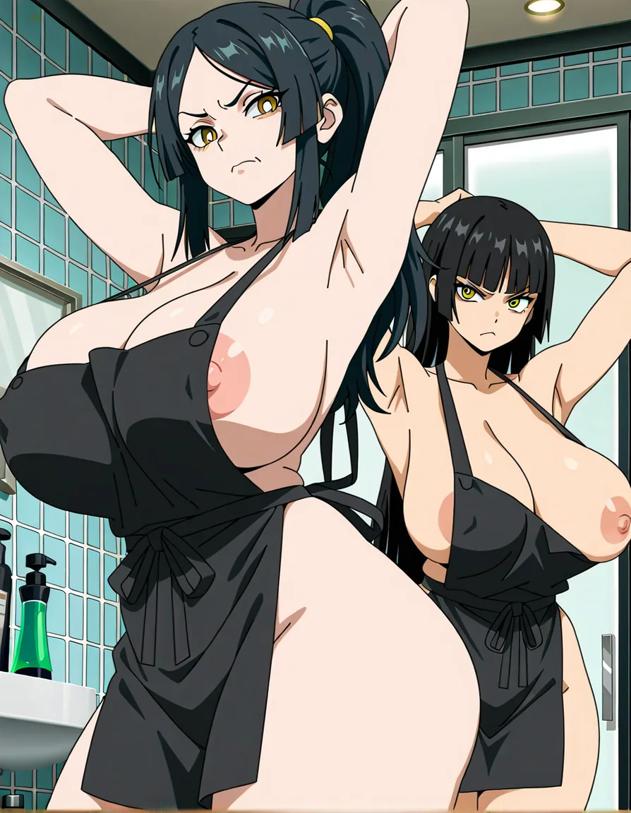 mature_female , slingshot_swimsuit, thick_thighs, huge_breasts, huge_ass, armpits bathroom, no_light, black_hair,
 hime_cut, parted_bangs, yellow_eyes, black_pupils, massive breasts, bimbo, hourglass figure. nipple_slip, angry, 2girls, girl_on_black_apron, apron_girl_smile, apron_girl_has_huge_breasts, apron_girl_on_ponytail, apron_girl_on_blunted_bangs, apron_girl_on_armpit_pose., (anime style:1.3), 2d, anime screencap, cel shading, flat color