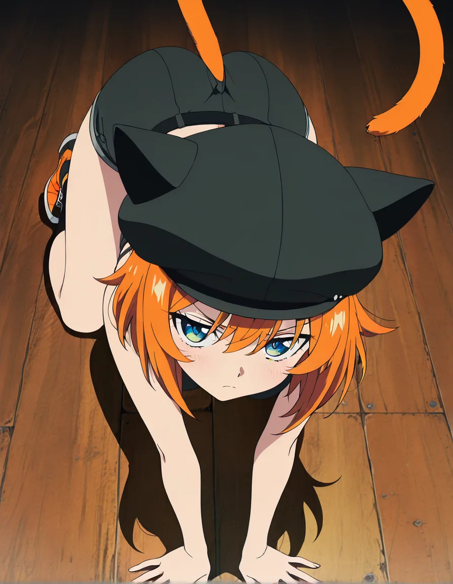 absurdres, highres, catgirl, hat, on all fours, anime style, (anime style:1.3), 2d, anime screencap, cel shading, flat color