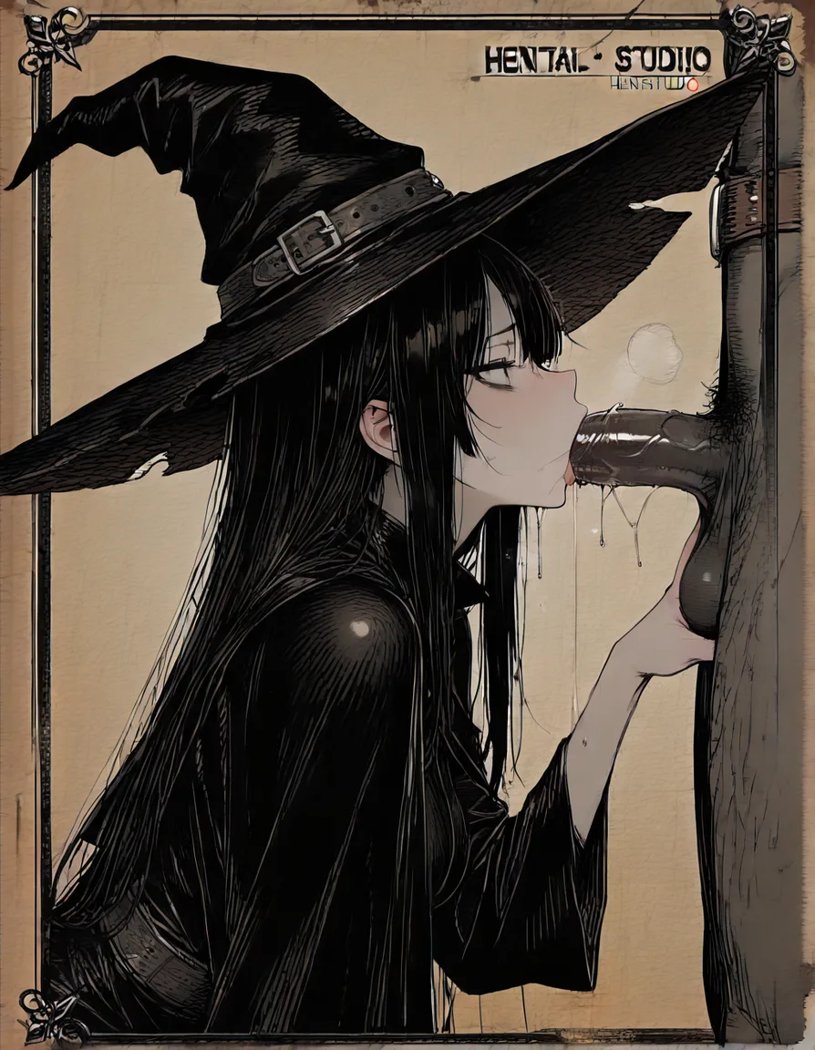 highly detailed, sharp, witch, long sleeves, blowjob, side view, visual novel art, hentai_studio_quality