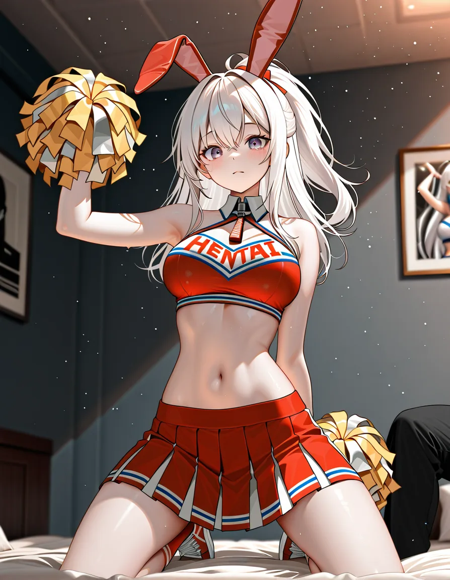 sharp focus, 8k uhd, bunny girl, white hair, pants, kneeling on bed, 8k uhd photo, cheerleader, pom_pom_(clothes), @makise_kurisu, hentai_studio_quality