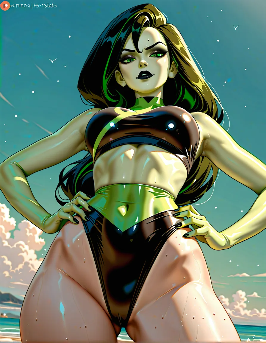 She has a distinctive pale complexion with a noticeable greenish hue, She sports long, voluminous black hair, slanted bright green eyes, a sharp jawline, and dark black lipstick, looking down, looking back at viewer, hands on own hips, wears a dark green Minikini, Shego from Kim Possible, beach,, hentai_studio_quality