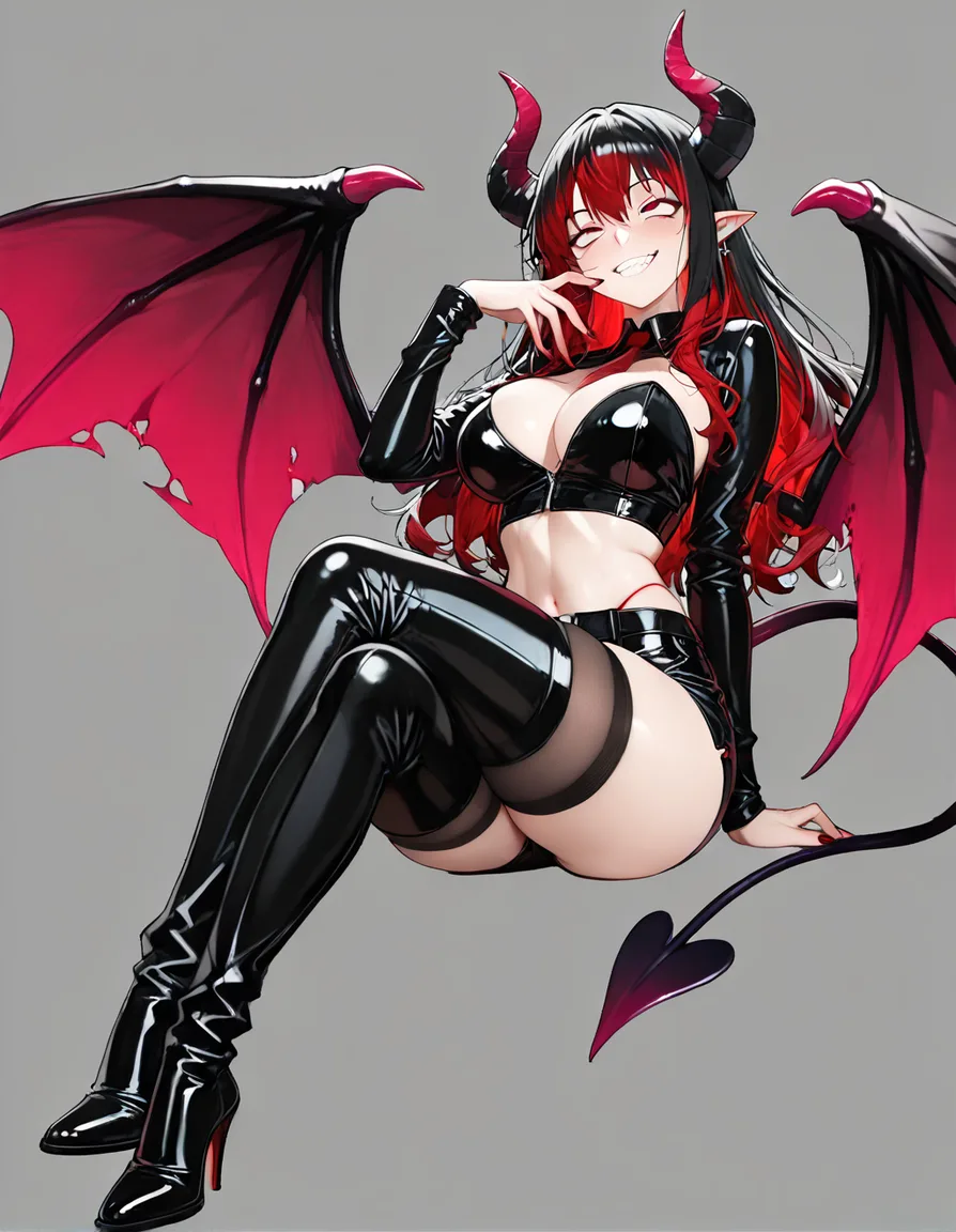 highly detailed, sharp, succubus, black thighhighs, pants, ahegao, transparent background, teasing grin, vivid anime colors, hentai_studio_quality