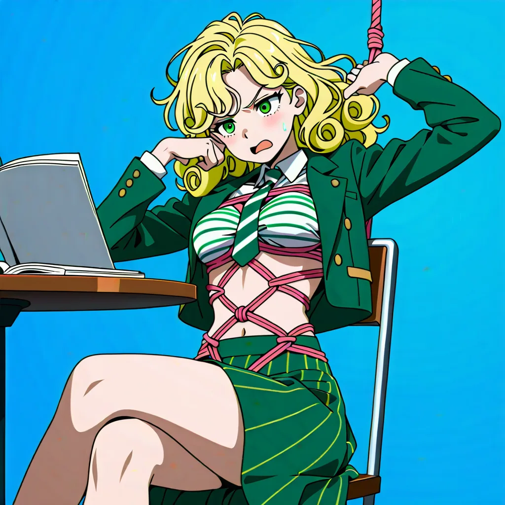 shibari, 1girl, blonde_hair, curly_hair, green_eyes, long_hair, crossed_legs, long_skirt, medium_breasts, white_shirt, chair, table, open_jacket, green_skirt, green_jacket, annoyed, reading, open_mouth, striped_clothes, necktie, blue_background,  pink_rope, striped_clothes, clothes_lift, stomach, (anime style:1.3), 2d, anime screencap, cel shading, flat color